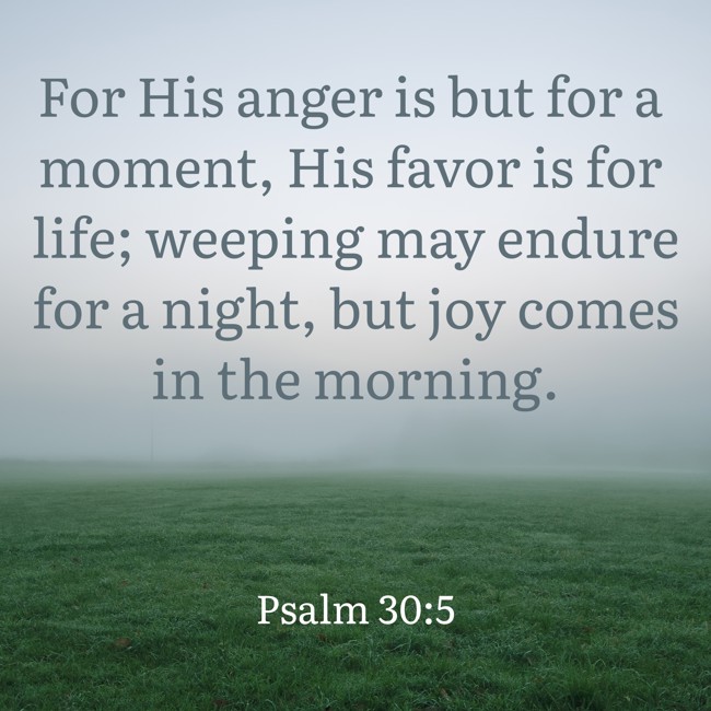 For His anger is but for a moment, His favor is for life; weeping may endure for a night, but joy comes in the morning. - Psalm 30:5