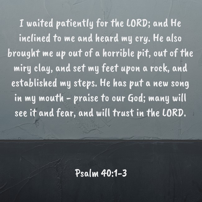 I waited patiently for the LORD; and He inclined to me and heard my cry. He also brought me up out of a horrible pit, out of the miry clay, and set my feet upon a rock, and established my steps. He has put a new song in my mouth - praise to our God; many will see it and fear, and will trust in the LORD. - Psalm 40:1-3