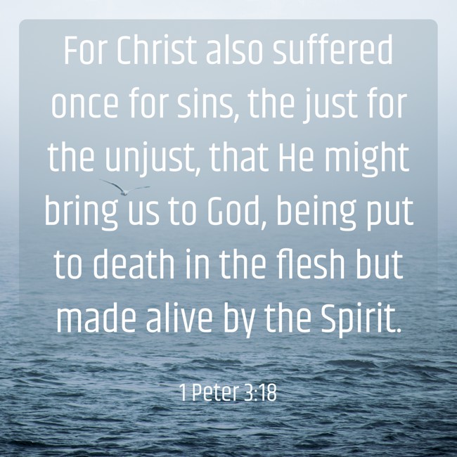 For Christ also suffered once for sins, the just for the unjust, that He might bring us to God, being put to death in the flesh but made alive by the Spirit. - 1 Peter 3:18