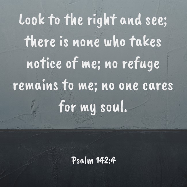 Look to the right and see; there is none who takes notice of me; no refuge remains to me; no one cares for my soul. - Psalm 142:4