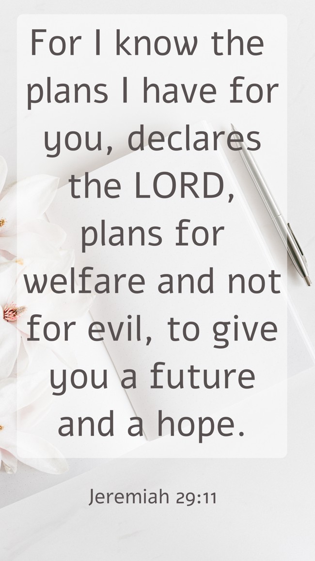 For I know the plans I have for you, declares the LORD, plans for welfare and not for evil, to give you a future and a hope. - Jeremiah 29:11