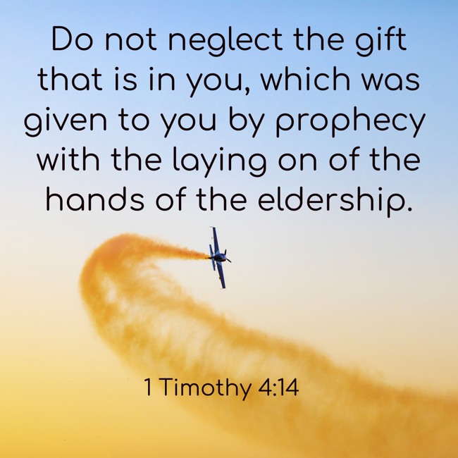 Do not neglect the gift that is in you, which was given to you by prophecy with the laying on of the hands of the eldership. - 1 Timothy 4:14