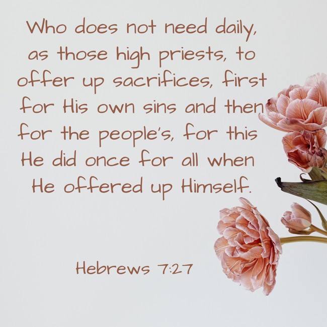 Who does not need daily, as those high priests, to offer up sacrifices, first for His own sins and then for the people's, for this He did once for all when He offered up Himself. - Hebrews 7:27