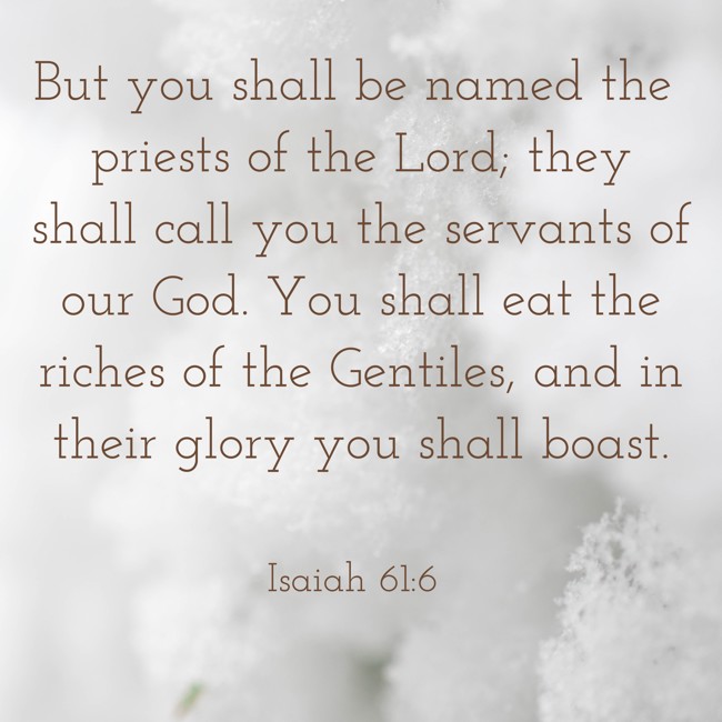 But you shall be named the priests of the Lord; they shall call you the servants of our God. You shall eat the riches of the Gentiles, and in their glory you shall boast. - Isaiah 61:6