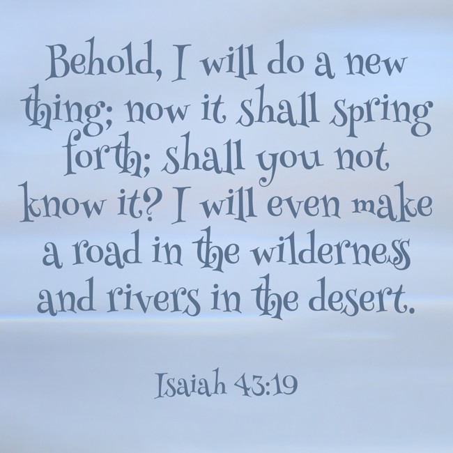 Behold, I will do a new thing; now it shall spring forth; shall you not know it? I will even make a road in the wilderness and rivers in the desert. - Isaiah 43:19