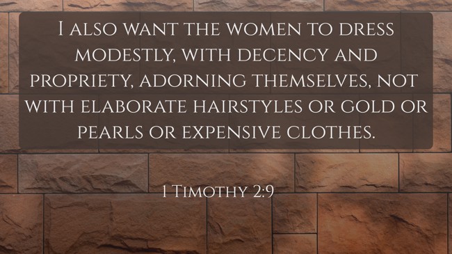 I also want the women to dress modestly, with decency and propriety, adorning themselves, not with elaborate hairstyles or gold or pearls or expensive clothes. - 1 Timothy 2:9