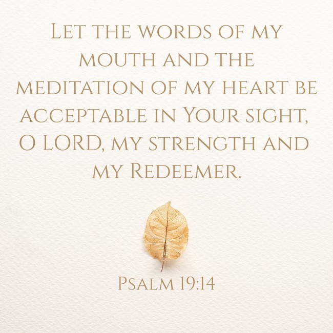 Let the words of my mouth and the meditation of my heart be acceptable in Your sight, O LORD, my strength and my Redeemer. - Psalm 19:14