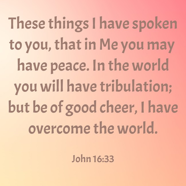 These things I have spoken to you, that in Me you may have peace. In the world you will have tribulation; but be of good cheer, I have overcome the world. - John 16:33