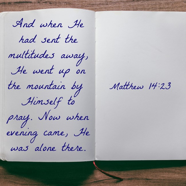  And when He had sent the multitudes away, He went up on the mountain by Himself to pray. Now when evening came, He was alone there.   - Matthew 14:23 
