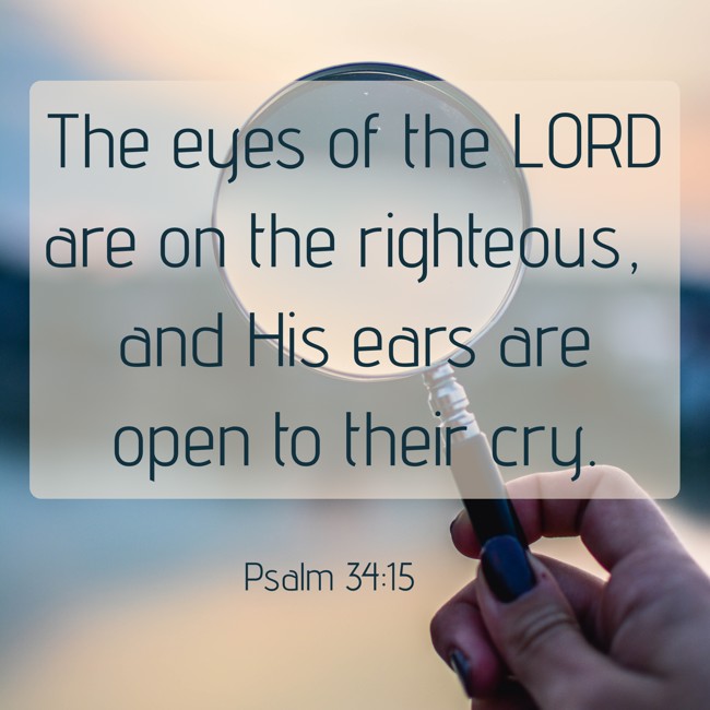  The eyes of the LORD are on the righteous, and His ears are open to their cry.   - Psalm 34:15 