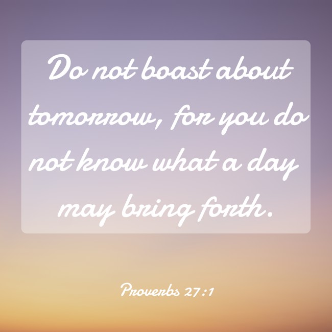 Do not boast about tomorrow, for you do not know what a day may bring forth. - Proverbs 27:1