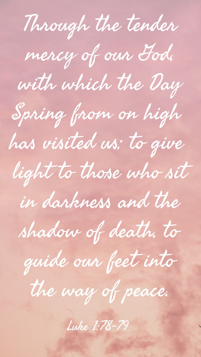 Through the tender mercy of our God, with which the Day Spring from on high has visited us; to give light to those who sit in darkness and the shadow of death, to guide our feet into the way of peace. - Luke 1:78-79