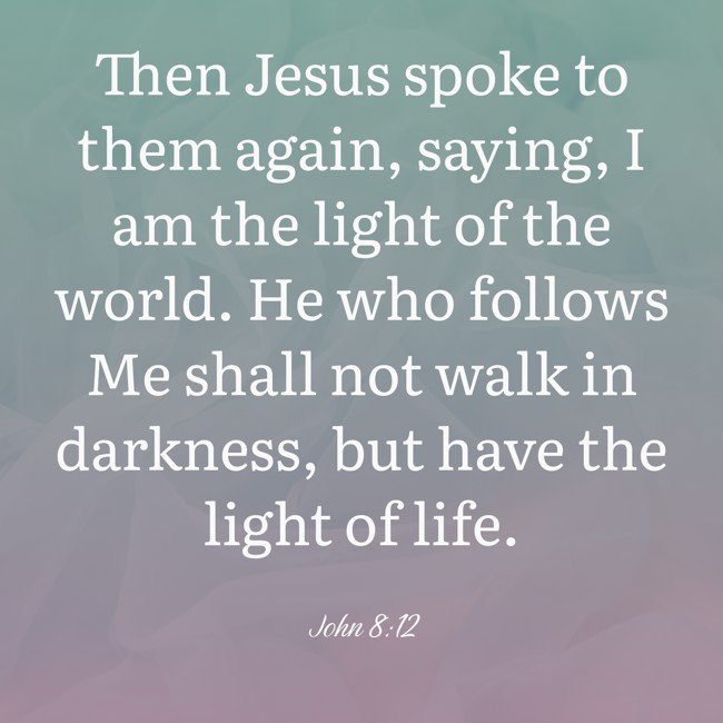 Then Jesus spoke to them again, saying, I am the light of the world. He who follows Me shall not walk in darkness, but have the light of life. - John 8:12