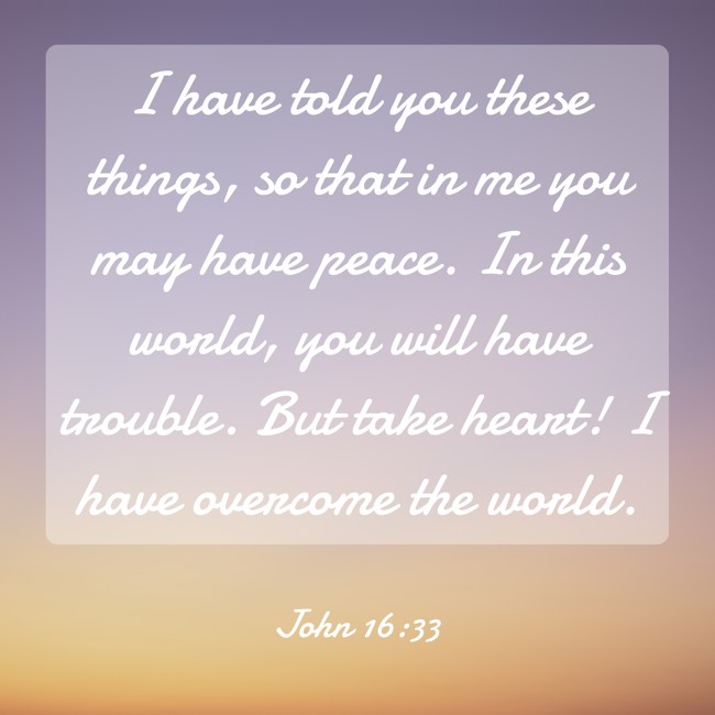 I have told you these things, so that in me you may have peace. In this world, you will have trouble. But take heart! I have overcome the world. - John 16:33