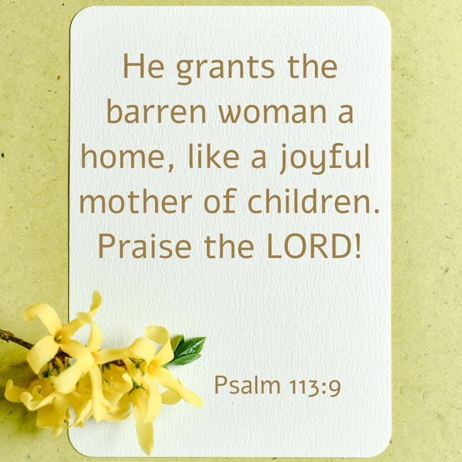  He grants the barren woman a home, like a joyful mother of children. Praise the LORD!   - Psalm 113:9 