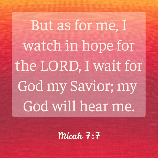  But as for me, I watch in hope for the LORD, I wait for God my Savior; my God will hear me.   - Micah 7:7 
