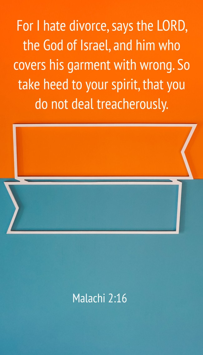  For I hate divorce, says the LORD, the God of Israel, and him who covers his garment with wrong. So take heed to your spirit, that you do not deal treacherously.   - Malachi 2:16 