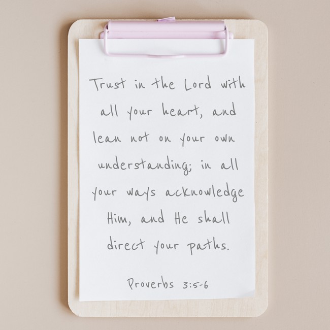  Trust in the Lord with all your heart, and lean not on your own understanding; in all your ways acknowledge Him, and He shall direct your paths.   - Proverbs 3:5-6 