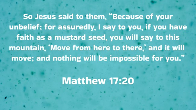 So Jesus said to them, “Because of your unbelief; for assuredly, I say to you, if you have faith as a mustard seed, you will say to this mountain, ‘Move from here to there,’ and it will move; and nothing will be impossible for you.” - Matthew 17:20