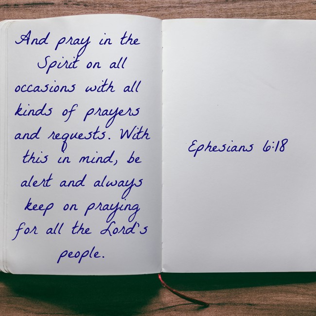 And pray in the Spirit on all occasions with all kinds of prayers and requests. With this in mind, be alert and always keep on praying for all the Lord’s people. - Ephesians 6:18