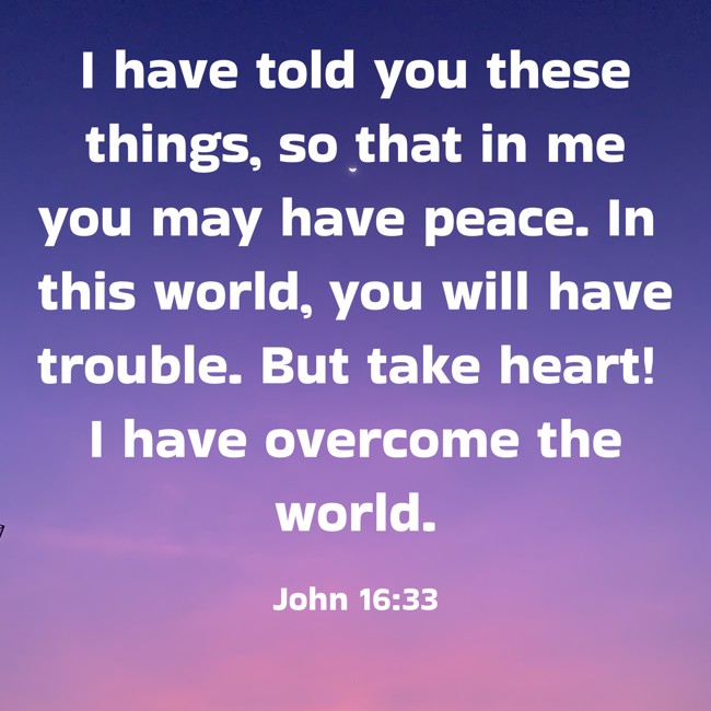 I have told you these things, so that in me you may have peace. In this world, you will have trouble. But take heart! I have overcome the world. - John 16:33