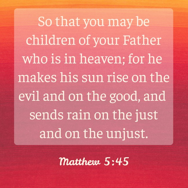  So that you may be children of your Father who is in heaven; for he makes his sun rise on the evil and on the good, and sends rain on the just and on the unjust.   - Matthew 5:45 