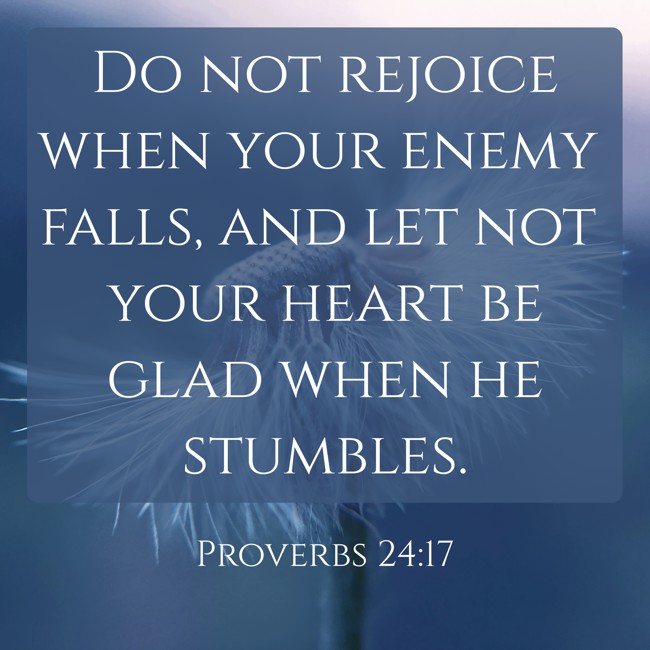  Do not rejoice when your enemy falls, and let not your heart be glad when he stumbles.   - Proverbs 24:17 