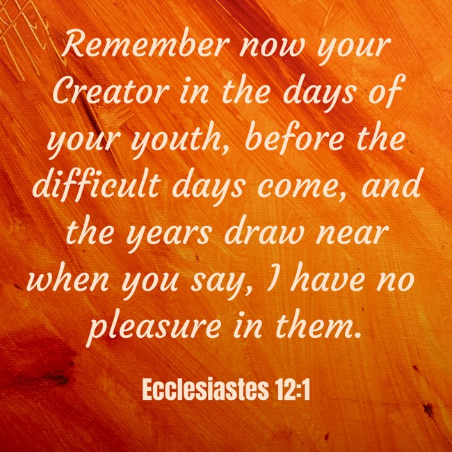 Remember now your Creator in the days of your youth, before the difficult days come, and the years draw near when you say, I have no pleasure in them. - Ecclesiastes 12:1
