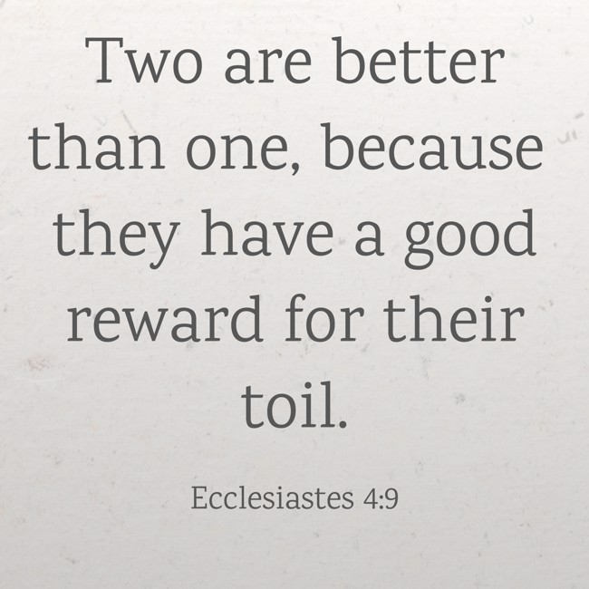 Two are better than one, because they have a good reward for their toil. - Ecclesiastes 4:9