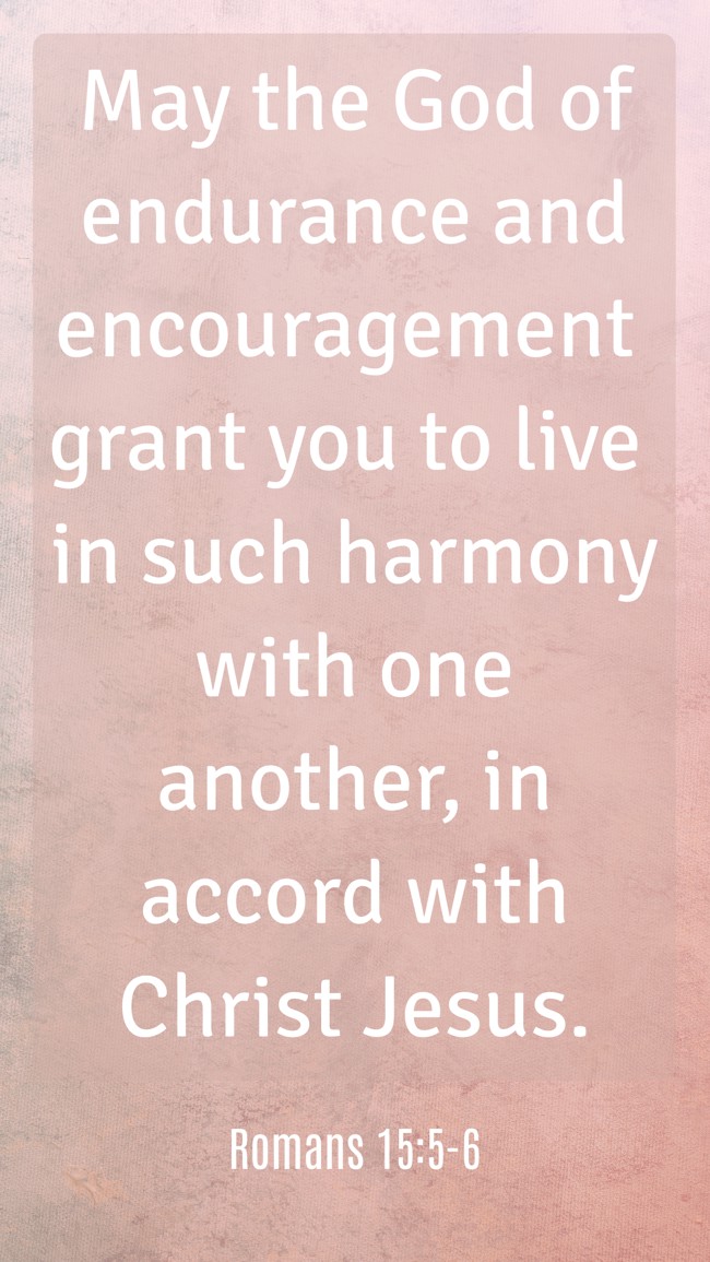May the God of endurance and encouragement grant you to live in such harmony with one another, in accord with Christ Jesus. - Romans 15:5-6