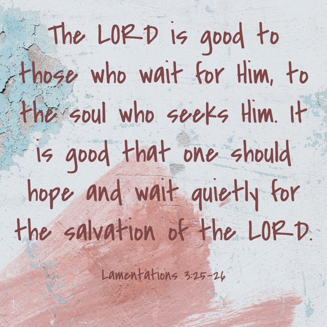 The LORD is good to those who wait for Him, to the soul who seeks Him. It is good that one should hope and wait quietly for the salvation of the LORD. - Lamentations 3:25-26