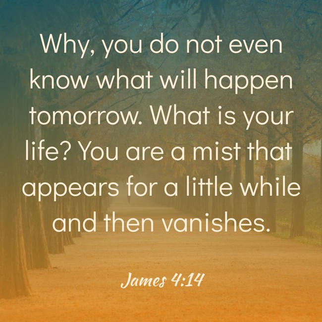 Why, you do not even know what will happen tomorrow. What is your life? You are a mist that appears for a little while and then vanishes. - James 4:14