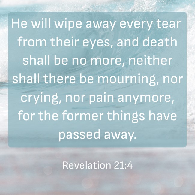He will wipe away every tear from their eyes, and death shall be no more, neither shall there be mourning, nor crying, nor pain anymore, for the former things have passed away. - Revelation 21:4