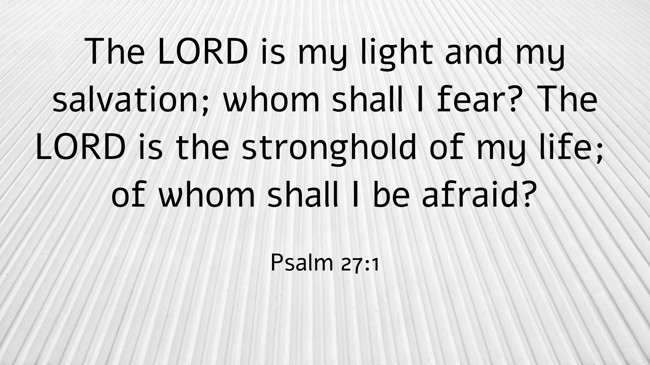 The LORD is my light and my salvation; whom shall I fear? The LORD is the stronghold of my life; of whom shall I be afraid? - Psalm 27:1