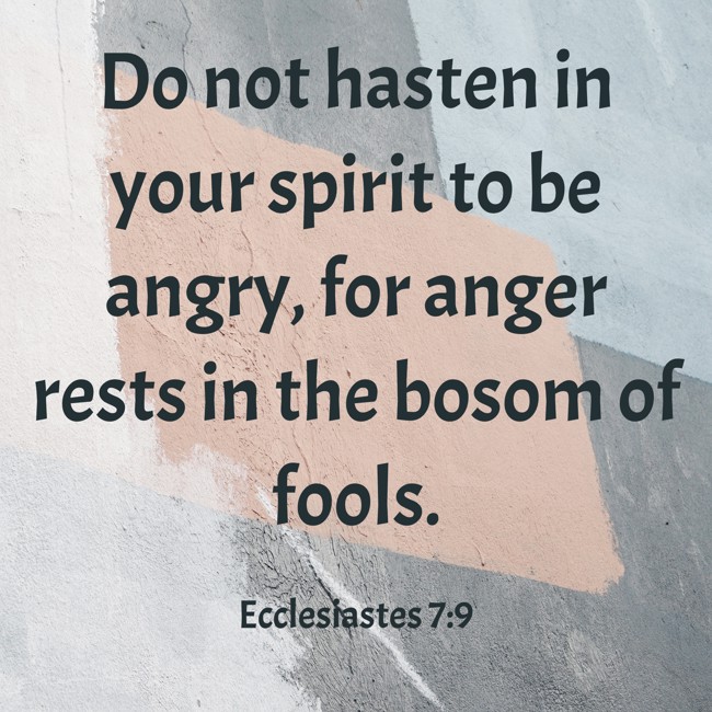 Do not hasten in your spirit to be angry, for anger rests in the bosom of fools. - Ecclesiastes 7:9