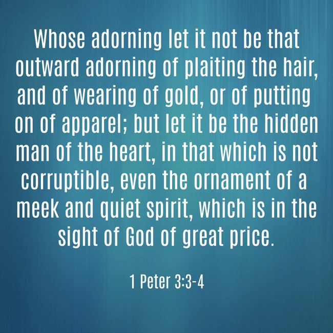  Whose adorning let it not be that outward adorning of plaiting the hair, and of wearing of gold, or of putting on of apparel; but let it be the hidden man of the heart, in that which is not corruptible, even the ornament of a meek and quiet spirit, which is in the sight of God of great price.   - 1 Peter 3:3-4 