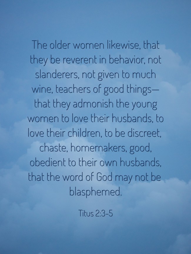  The older women likewise, that they be reverent in behavior, not slanderers, not given to much wine, teachers of good things—that they admonish the young women to love their husbands, to love their children, to be discreet, chaste, homemakers, good, obedient to their own husbands, that the word of God may not be blasphemed.   - Titus 2:3-5 
