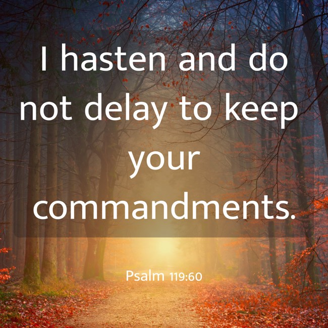 I hasten and do not delay to keep your commandments. - Psalm 119:60