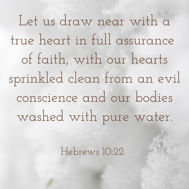 Let us draw near with a true heart in full assurance of faith, with our hearts sprinkled clean from an evil conscience and our bodies washed with pure water. - Hebrews 10:22