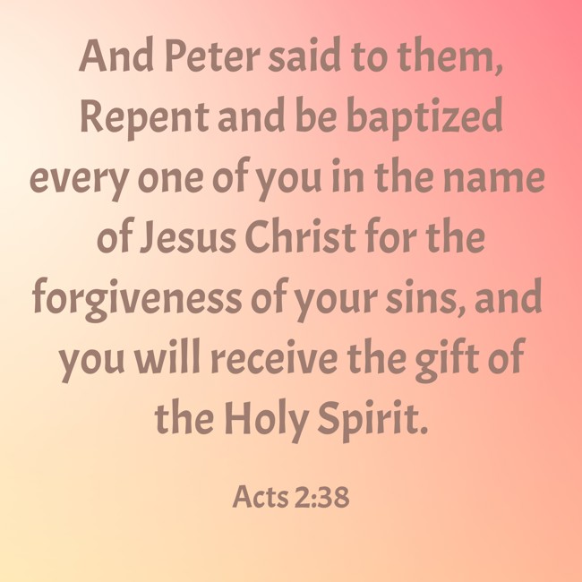 And Peter said to them, Repent and be baptized every one of you in the name of Jesus Christ for the forgiveness of your sins, and you will receive the gift of the Holy Spirit. - Acts 2:38