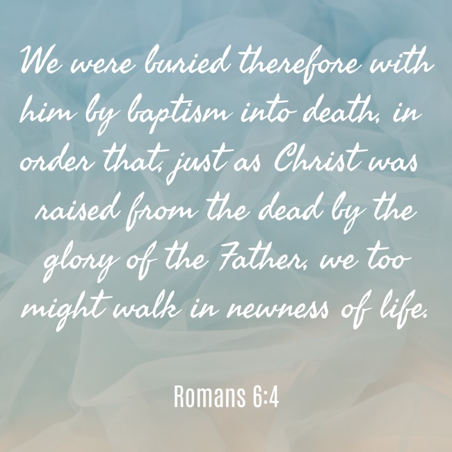 We were buried therefore with him by baptism into death, in order that, just as Christ was raised from the dead by the glory of the Father, we too might walk in newness of life. - Romans 6:4