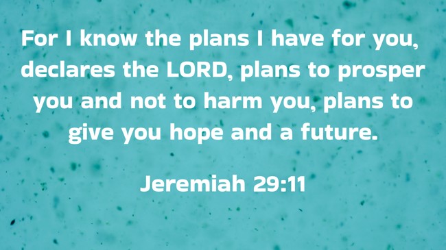 For I know the plans I have for you, declares the LORD, plans to prosper you and not to harm you, plans to give you hope and a future. - Jeremiah 29:11