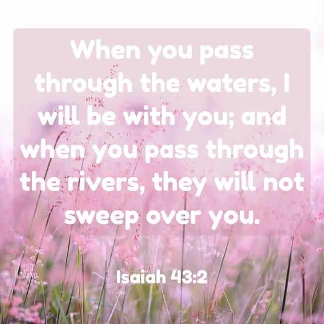 When you pass through the waters, I will be with you; and when you pass through the rivers, they will not sweep over you. - Isaiah 43:2