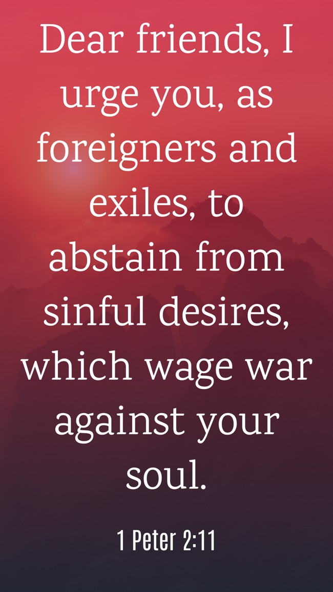 Dear friends, I urge you, as foreigners and exiles, to abstain from sinful desires, which wage war against your soul. - 1 Peter 2:11