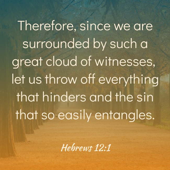 Therefore, since we are surrounded by such a great cloud of witnesses, let us throw off everything that hinders and the sin that so easily entangles. - Hebrews 12:1