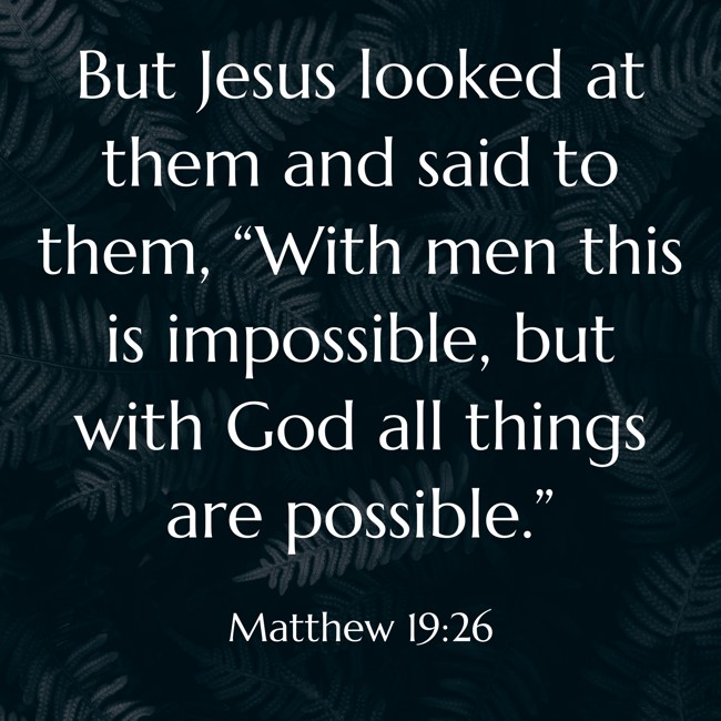  But Jesus looked at them and said to them, “With men this is impossible, but with God all things are possible.”   - Matthew 19:26 