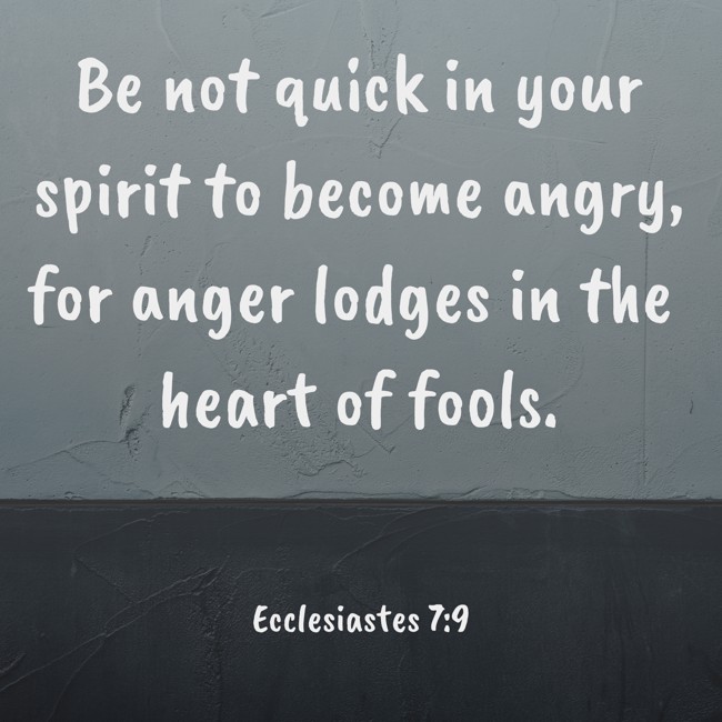 Be not quick in your spirit to become angry, for anger lodges in the heart of fools.   - Ecclesiastes 7:9 