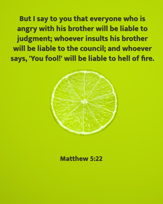  But I say to you that everyone who is angry with his brother will be liable to judgment; whoever insults his brother will be liable to the council; and whoever says, 'You fool!' will be liable to hell of fire.   - Matthew 5:22 