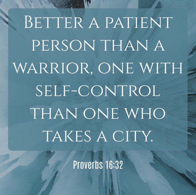  Better a patient person than a warrior, one with self-control than one who takes a city.   - Proverbs 16:32 