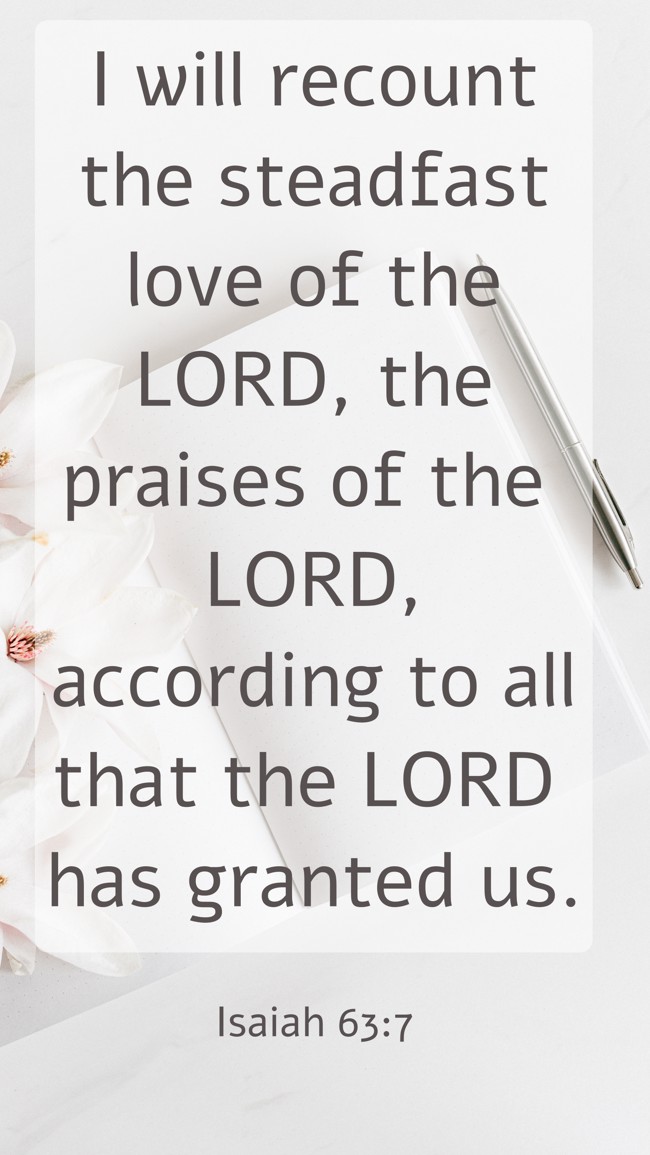 I will recount the steadfast love of the LORD, the praises of the LORD, according to all that the LORD has granted us. - Isaiah 63:7